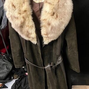 Suede Leather Dark Brown Coat with Cream Fur Collar